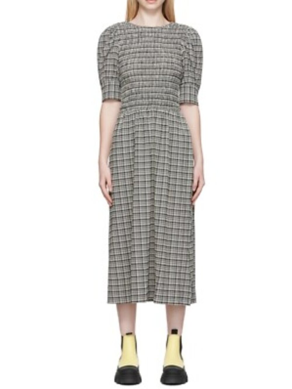 GANNI Gray Checkered Open Back Midi Dress 2X/3X Long Sleeve